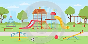 Playground at park. School or kindergarten background with sandbox, playhouse, swings and slides. Summer kids playground vector