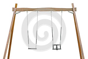Playground sandbox double seats beam swing set horizontal closeup, large detailed  grey seat benches and metal chains,