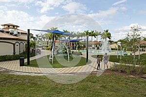 Playground with slides and climbing frame