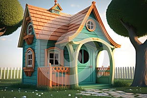 Playhouse in the backyard for kids, illustration generated by AI