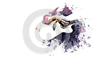 Playing acoustic Guitar in the foreground on Watercolor painting background and Digital illustration brush to art.