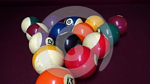 Playing American billiard poule close-up. Billiard balls with numbers on a pool table. Billiards team sport.