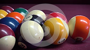 Playing American billiard poule close-up. Billiard balls with numbers on a pool table. Billiards team sport.