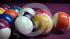 Playing American billiard poule close-up. Billiard balls with numbers on a pool table. Billiards team sport.