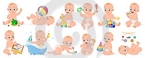 Playing babies. Cute infant baby boy or girl playing with ball, pyramid and boat isolated vector illustration set