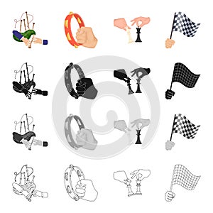 Playing on bagpipes, tambourine in hand, chess, sports flag in hand. Movement and manipulation set collection icons in