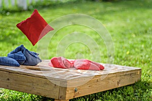 Playing bags in the backyard in summer