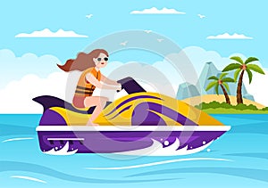 Playing Banana Boat and Jet Ski Holidays on the Sea in Beach Activities Template Hand Drawn Cartoon Flat Illustration