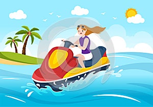 Playing Banana Boat and Jet Ski Holidays on the Sea in Beach Activities Template Hand Drawn Cartoon Flat Illustration