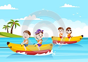 Playing Banana Boat and Jet Ski Holidays on the Sea in Beach Activities Template Hand Drawn Cartoon Flat Illustration