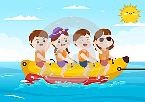 Playing Banana Boat and Jet Ski Holidays on the Sea in Beach Activities Template Hand Drawn Cartoon Flat Illustration