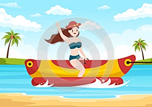 Playing Banana Boat and Jet Ski Holidays on the Sea in Beach Activities Template Hand Drawn Cartoon Flat Illustration