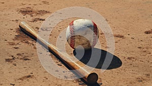 Playing baseball on a grassy infield with old equipment and dirt generated by AI