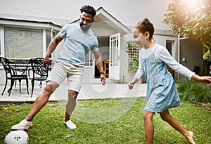 Playing, bonding and having fun in a garden with a smiling father and happy little girl outside. Dad teaching football