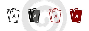 Playing Bridge, Black Jack, Royal Poker Pictogram. Game Card Deck Line and Silhouette Icon Set. Gambling Addiction Sign