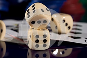 Playing card chips, and dice