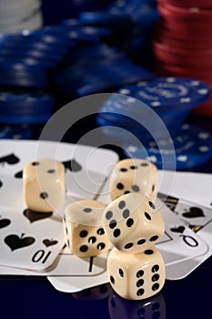 Playing card chips, and dice