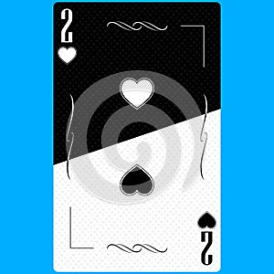 Playing card Deuce of Hearts, black and white modern design. Standard size poker, poker, casino, . 3D render, 3D illustration photo