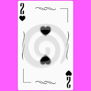 Playing card Deuce of Hearts, black and white modern design. Standard size poker, poker, casino, . 3D render, 3D illustration photo
