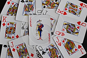 Playing card joker on the background of scattered cards