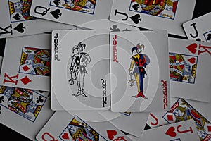 Playing card joker on the background of scattered cards