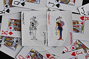 Playing card joker on the background of scattered cards