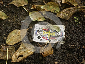 Playing card in the mud on the ground lies photo