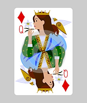 Playing card queen of diamonds in funny flat modern style