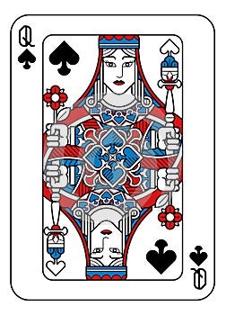 Playing Card Queen of Spades Red Blue and Black