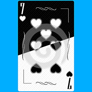 Playing card Seven of Hearts 7, black and white modern design. Standard size poker, poker, casino. 3D render, 3D illustration