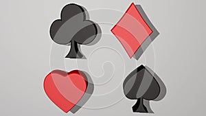 Playing card suit, animated 3d card pips, red heart, red diamond, black club, black spade. Card symbols moving, rotating
