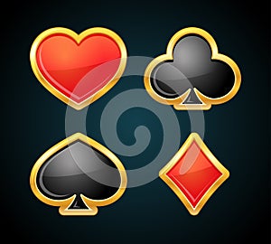 Playing card suit with gold border. Casino icons. Poker symbols