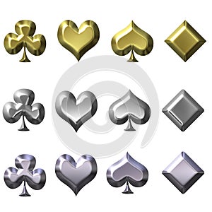 Playing card suits in gold silver and chrome