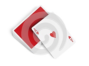 Playing cards and ace of hearts on white background