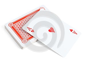 Playing cards and ace of hearts on white background