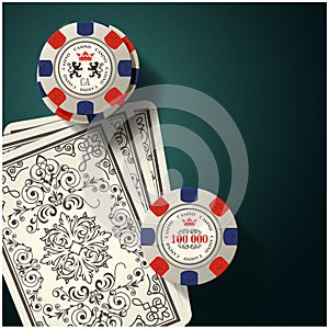 Playing cards back and gambling chips, casino and poker game symbols