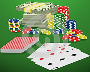 Playing cards, casino chips and bundle of money on a green gambling table. Blackjack, card deck and cash winnings.