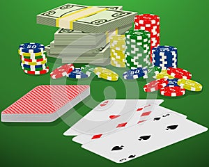 Playing cards, casino chips and bundle of money on a green gambling table. Blackjack, card deck and cash winnings. photo