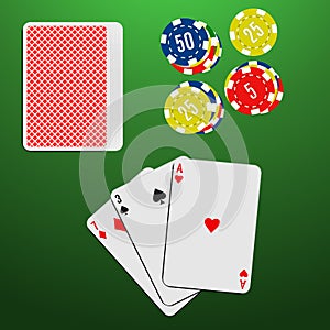 Playing cards and casino chips on a green gambling table. Blackjack game combination.