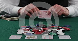 Playing cards in a casino  raising bets with chips. Success and victory. Poker  blackjack  Texas poker. Las Vegas . All in Betting