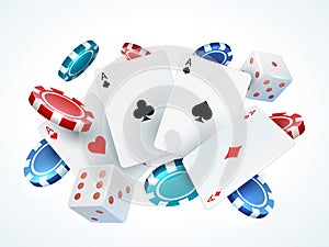 Playing cards chips dice. Casino poker gambling realistic 3D falling cards and chips isolated on white. Vector poker