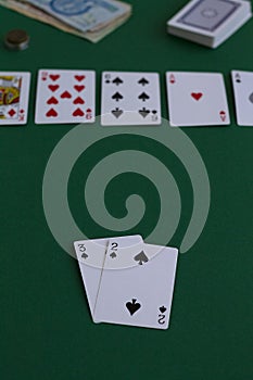 Playing cards and chips.online poker games. two black cards in game in casino
