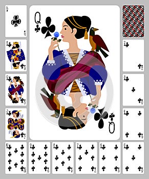 Playing cards of Clubs suit and back in funny flat style