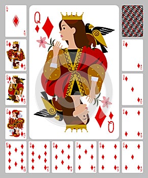 Playing cards of Diamonds suit and back in funny flat style