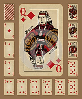 Playing cards of Diamonds Western style. Vector illustration. Original design