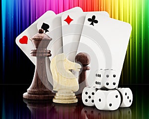 Playing cards, dice and chess pieces. 3D illustration