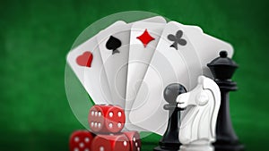 Playing cards, dice and chess pieces. 3D illustration