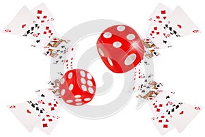 Playing cards and dice flying at the poker table
