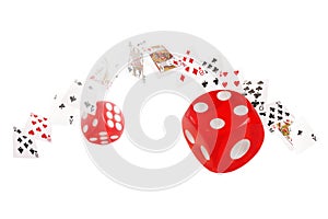 Playing cards and dice flying on white background