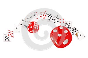 Playing cards and dice flying on white background